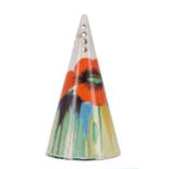 Clarice Cliff Bizarre 'Delecia Poppy' conical sugar sifter, 5.5" high