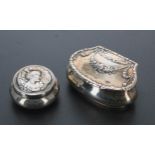 Art Nouveau silver rouge pot, the hinged cover with repousse bust portrait of a lady with a mirror
