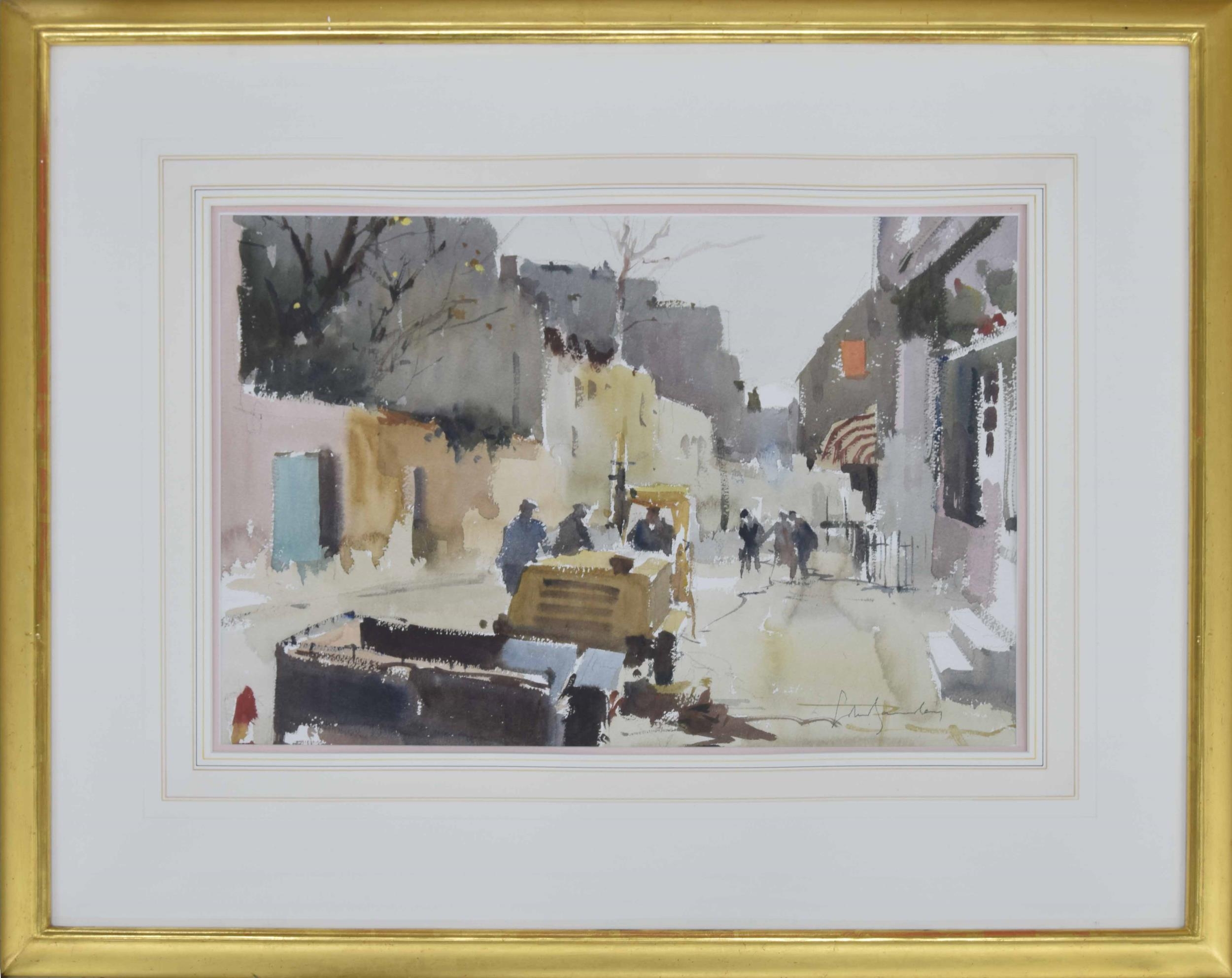 John Yardley Hon Rtd RI (b. 1933) - Street scene with workers beside a doorway to a house, signed,