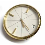 Jaeger LeCoultre brushed brass desk clock, the dial with baton markers and date aperture, 3.75"