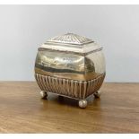 Victorian silver tea caddy, with a half fluted hinged cover and body, raised on ball feet, maker