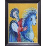 Continental School (20th/21st century) - Man on a blue horse, indistinctly signed, oil on board, 18"