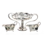Silver plated twin-handled tazza, with a scalloped shaped rim, 11.5" wide, 5.75" high; together with