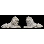 Large pair of Chinese crackle glaze pottery recumbent lion figures, 20th century, 17" wide, 10" high