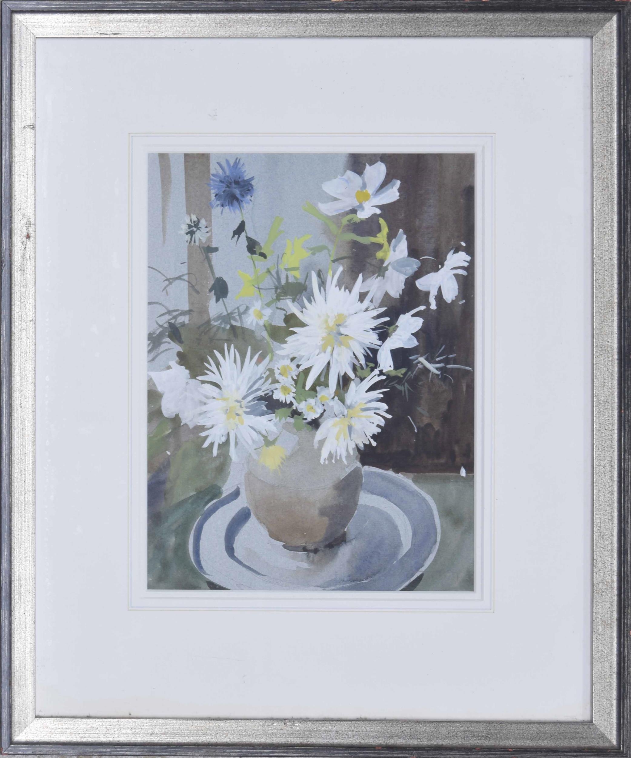 Kim Page (20th/21st century) - Still life of white lilies and other flowers in a glass vase beside a