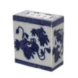 Chinese blue and white porcelain opium pillow, 4.75" wide, 5.5" high