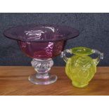 Andrew Hay cranberry glass comport, with a flared rim on a clear glass support, signed and