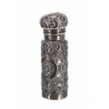 Edwardian silver scent bottle, of cylinder churn form with repousse floral and foliate decoration,