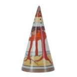 Clarice Cliff Bizarre 'Coral Firs' conical sugar sifter, 5.5" high