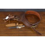 Price Western Leather tan leather pistol belt and holster; together with a knife in leather holster,