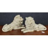 Good pair of decorative Chinese crackle glaze pottery recumbent lions, 20th century, 17" wide, 10"