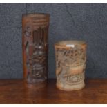 Two Chinese carved bamboo brush pots, relief carved each with pagoda scenes with figures, tallest