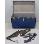 Large vintage trunk containing assorted woodworking tools including hand drills, planes, vices etc.;