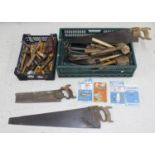 Assorted wood working tools including saws, mallets, hammers etc.