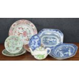 Group of Chinese export porcelain plates and platters; including various blue and white, three