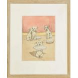 After Cecil Aldin (20th/21st century) - Study of four dogs, one holding his dinner plate, pen, ink