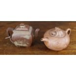 Chinese Yixing red ware teapot and cover, of rectangular rounded form with applied landscape