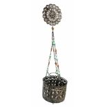 19th century Peruvian silver pendant lamp shade, the floral medallion over a pierced repousse
