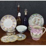 Group of assorted pottery and porcelain including a Sunderland lustre jug 5.75" high, Spode crescent