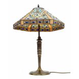 Tiffany style table lamp, with a hexagonal shade over a height adjusting metal base, 24" high