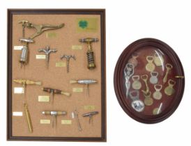 Mounted collection showcasing corkscrew types by 'L'esprit & le vin'; together with a collection