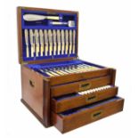 Good near complete canteen of plated flatware, presented in an oak campaign type chest with hinged