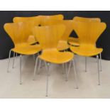 Arne Jacobsen for Fritz Hansen - seven 'Butterfly' bentwood and chrome dining chairs, factory