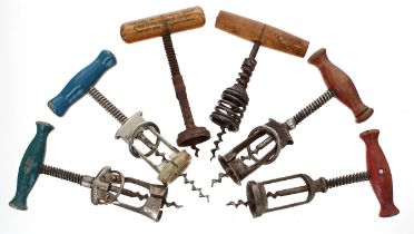 Three split frame corkscrews with wooden handles; together with three further corkscrews (6)