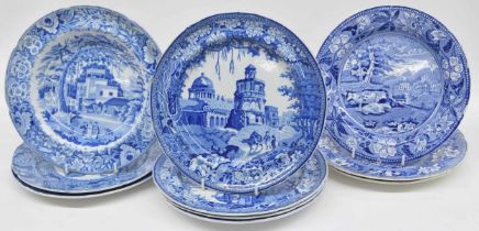 Ten assorted English blue and white porcelain transfer print plates, including 19th century by