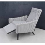 Italian spring reclining lounge chair, upholstered in a ticking stripe fabric, 27" wide, the seat