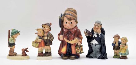Four Hummel Goebel figures, tallest 8" high; together with a resin judge figure likely by Warren