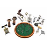 Group of folding corkscrews and button hooks; together with assorted further metal and treen