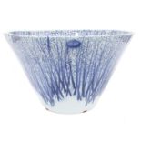 Impressive large studio pottery bowl, decorated with blue trees with nests with a clearing to the