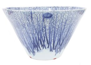 Impressive large studio pottery bowl, decorated with blue trees with nests with a clearing to the