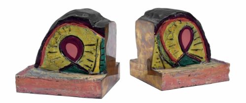 Pair of abstract cast and polychrome painted bronze bookends, cast bearing the artist monogram 'Me',