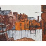 Noël Gibson (1928-2005) - The back of old buildings, London with a white fence in the foreground,