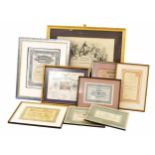 Group of framed certificates including railroad related, gold mining, American Flag and Betsy Ross