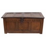 18th century and later oak coffer, the hinged four panel top enclosing a open interior, over a