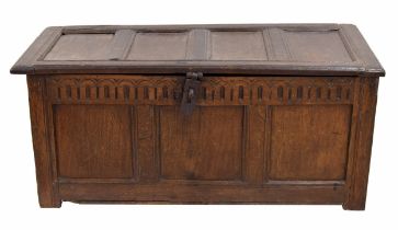 18th century and later oak coffer, the hinged four panel top enclosing a open interior, over a