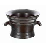 Antique bronze mortar, with ring border decoration and two animal head handles, 3.25" high, 4.75"