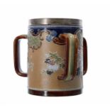 Doulton Lambeth, Doulton & Slaters Patent silver mounted stoneware triple-handled loving cup,