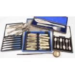 Group of assorted silver plated flatware; cased fish serve set, cased set of six fish knives and