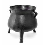 Good 17th century bronze cauldron, with handles, on high decorated legs with founders mark to the