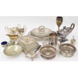 Assorted silver plated tablewares; tureen with cover, three piece coffee set, E&Co. tankard, pair of
