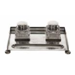Mappin & Webb silver desk stand with two silver mounted square glass ink bottles, bearing a