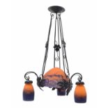 Decorative Art Deco style glass and metal chandelier, the coloured central bowl shade supporting