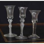 Georgian opaque twist double knop stem wine glass, the flared trumpet bowl raised on a double