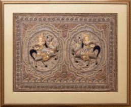 Large Indian embroidered and sequin textile panel, worked with two figures on horseback, each