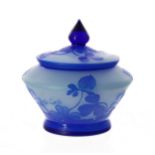 Loetz cameo glass pot with cover, with blue foliate decoration on an opaque pale blue ground,