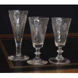 Pair of short 18th century etched ale glasses, with conical bowls decorated with wheat grasses